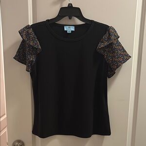 CeCe Black Ruffled Short Sleeve Blouse
